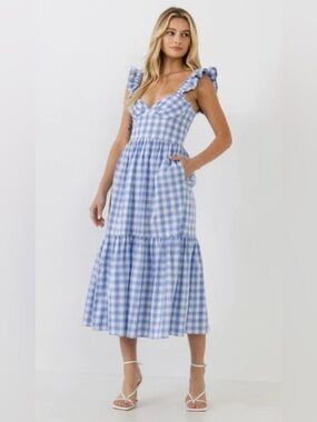 English Factory Sweetheart Neck Ruffle Gingham Midi Dress Blue White Size Medium